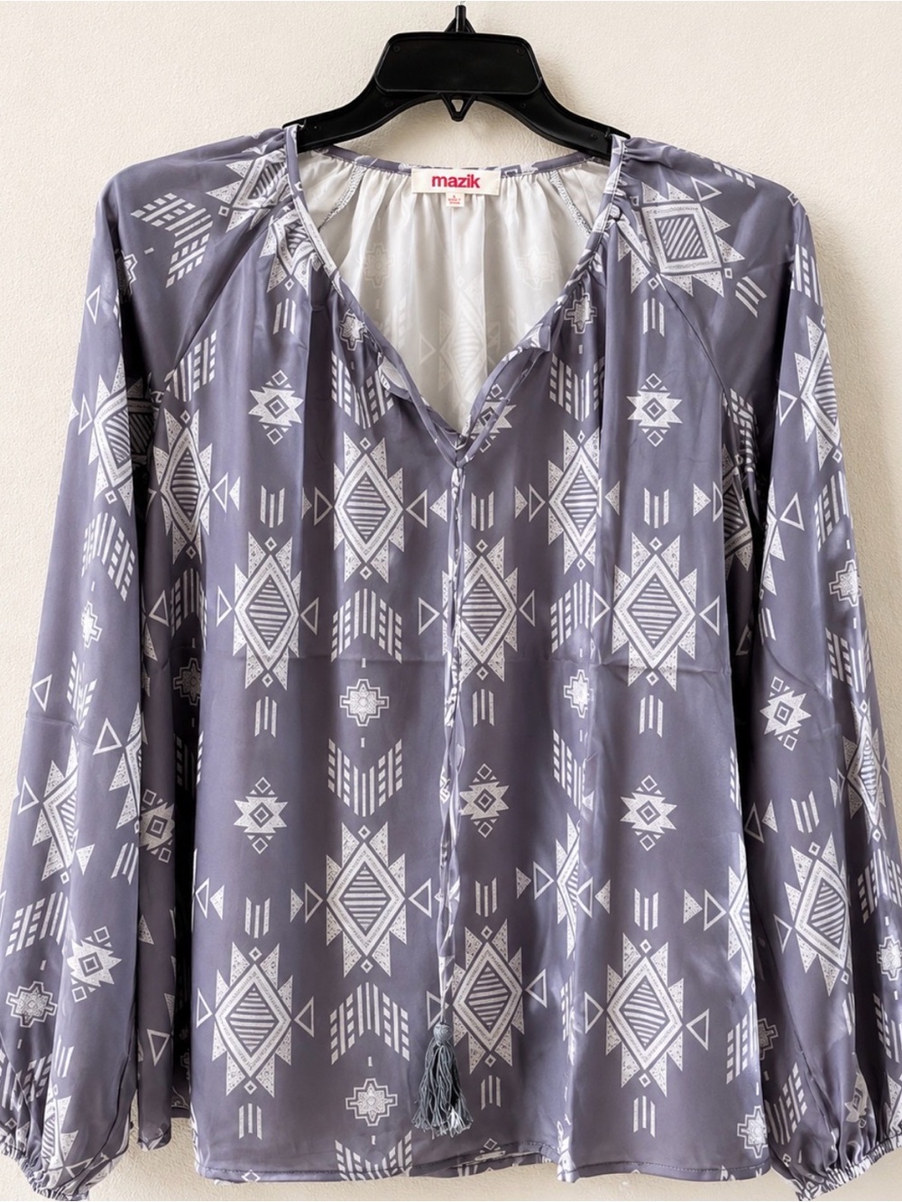 Mazik Gray Aztec-Print Long Sleeve Blouse
